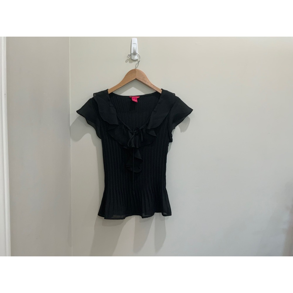 Sunny Leigh Black Pleated Ruffle V-Neck Tie Front Blouse Womens Medium